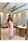 Ahşap Boncuk Aksesuarlı Keten Elbise