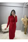 Düğme Detaylı Vatkalı Sandy Elbise
