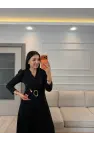 Gold Düğme Detaylı Kemerli Elbise