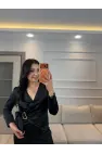 Gold Toka Detaylı Saten Bluz