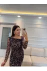 Leopar Tül Düşük Omuz Elbise