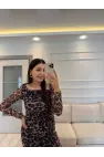 Leopar Tül Düşük Omuz Elbise