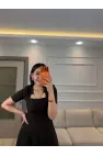 Omuz Fiyonklu Kare Yaka Elbise