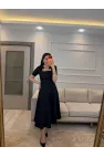 Omuz Fiyonklu Kare Yaka Elbise