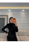 Serpme Taşlı Ön Düğmeli Kadife Elbise