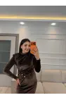 Serpme Taşlı Ön Düğmeli Kadife Elbise