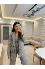 Tasarım Ekose Taşlı Blazer Yelek Pantolon Takım