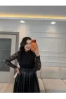 Üst Dantelli Alt Deri Elbise