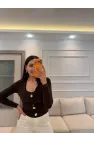 V Yaka Gold Düğmeli Sandy Bluz