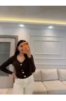 V Yaka Gold Düğmeli Sandy Bluz