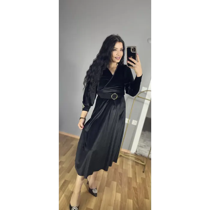 Heteren Kol Düğmeli Kadife Elbise