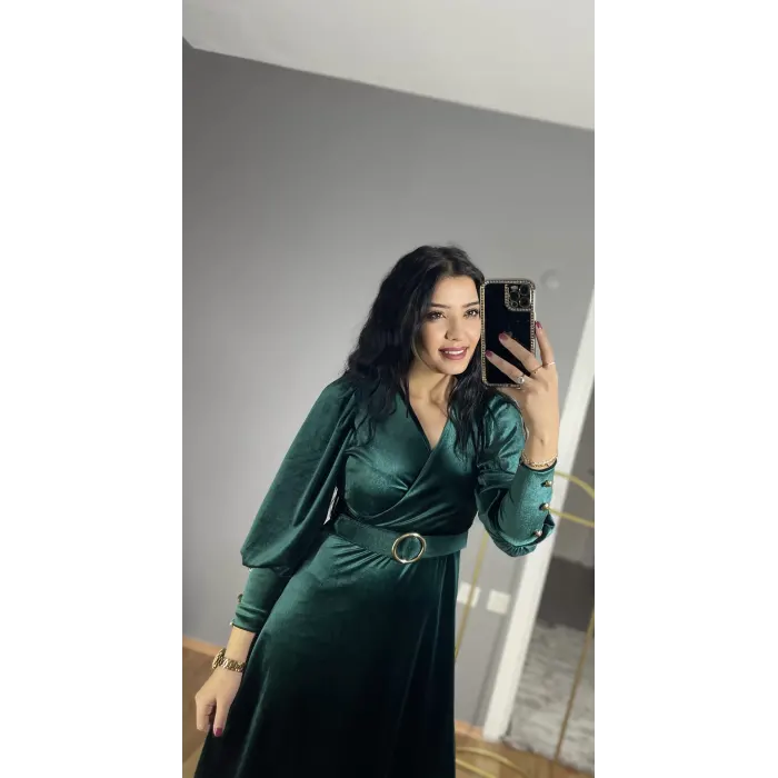 Heteren Kol Düğmeli Kadife Elbise