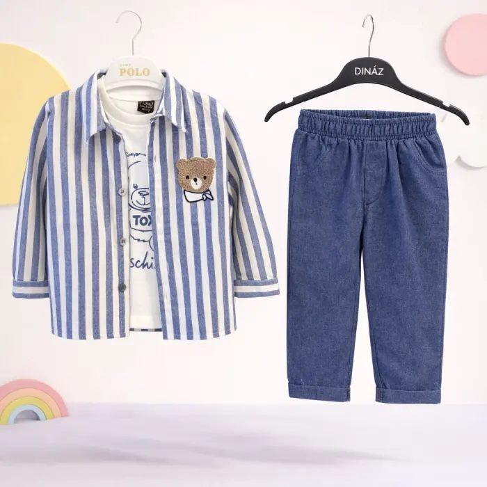 Çizgili Ayıcık Gömlek Üçlü Takım 9/24 Ay