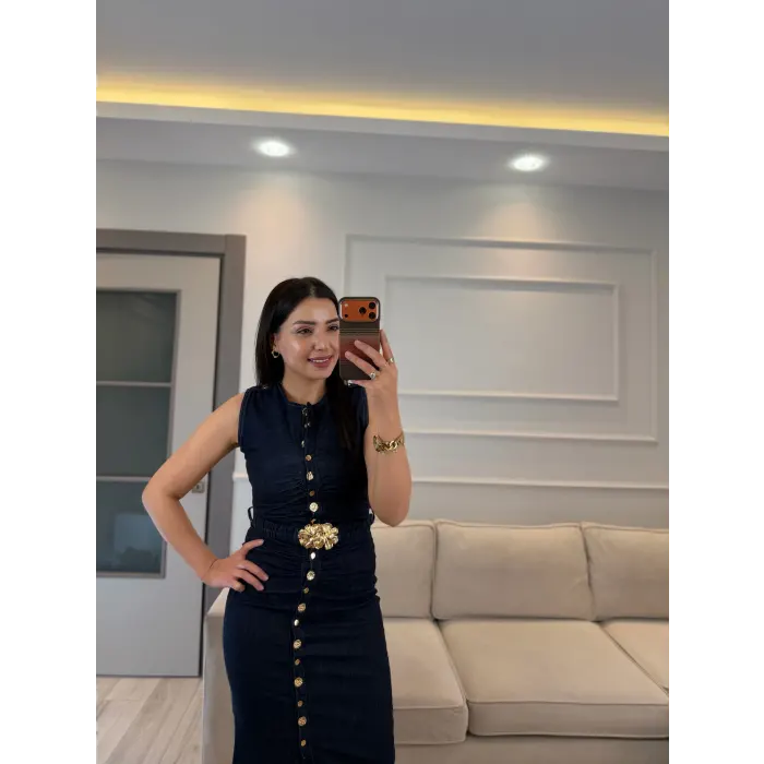 Kemer Detaylı Denim Elbise
