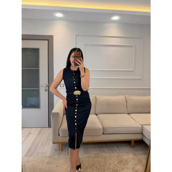 Kemer Detaylı Denim Elbise