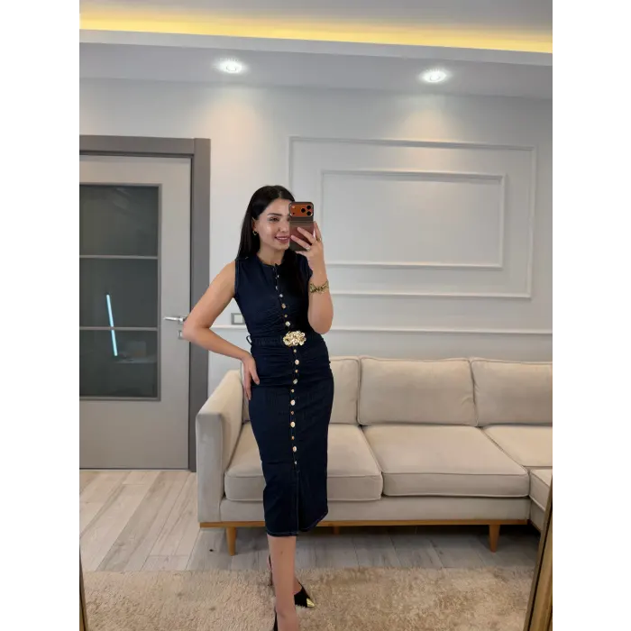 Kemer Detaylı Denim Elbise