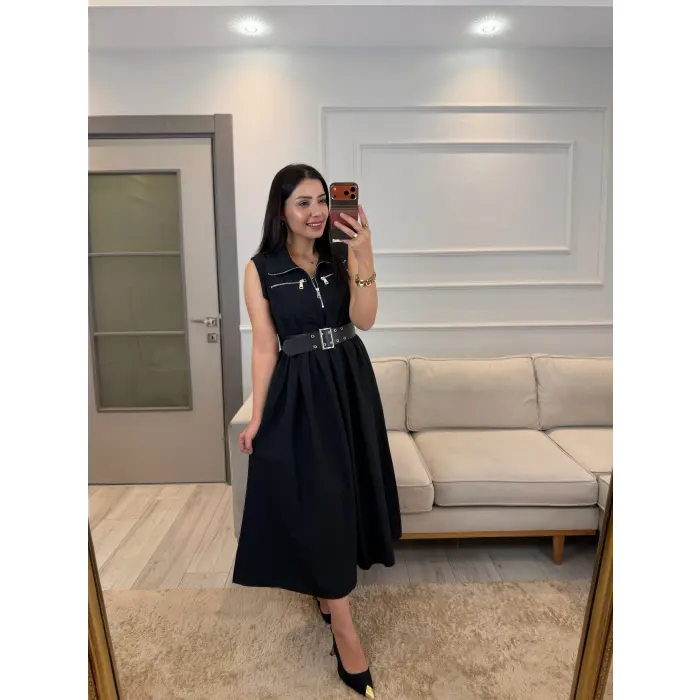 Fermuarlı Kemer Detaylı Elbise