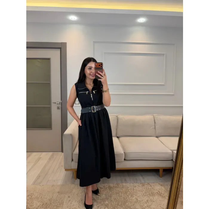 Fermuarlı Kemer Detaylı Elbise