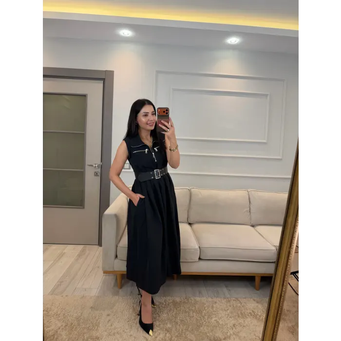 Fermuarlı Kemer Detaylı Elbise