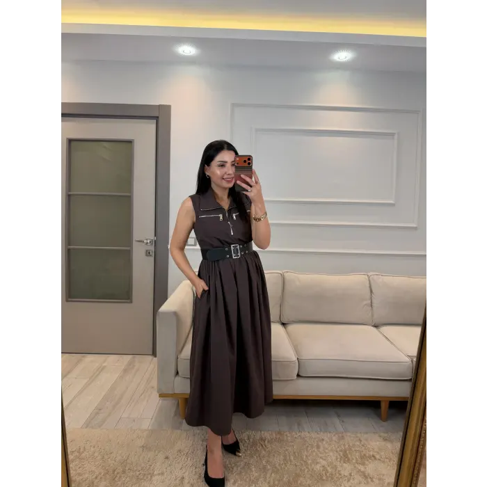 Fermuarlı Kemer Detaylı Elbise