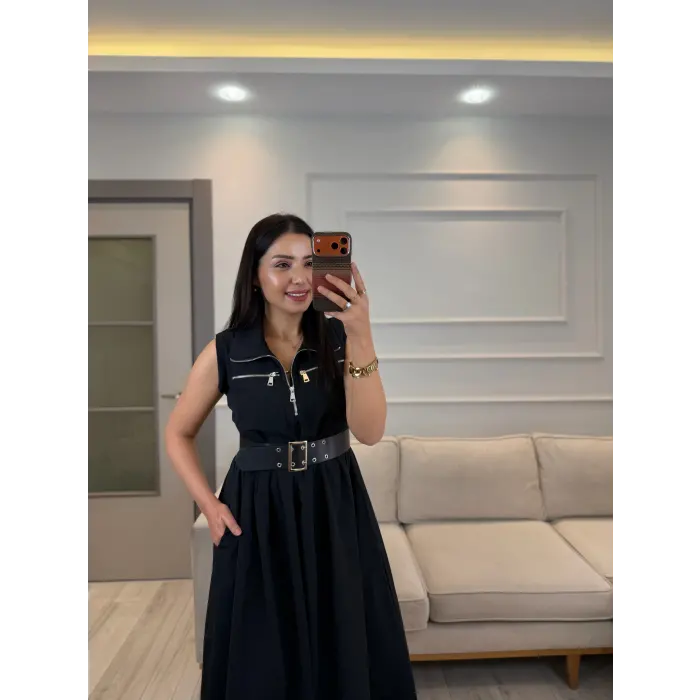 Fermuarlı Kemer Detaylı Elbise