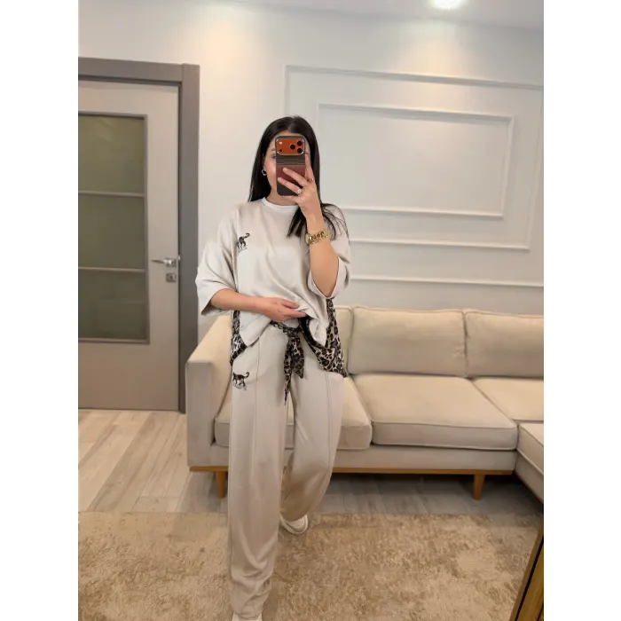 Leopar Fular Detaylı İkili Takım