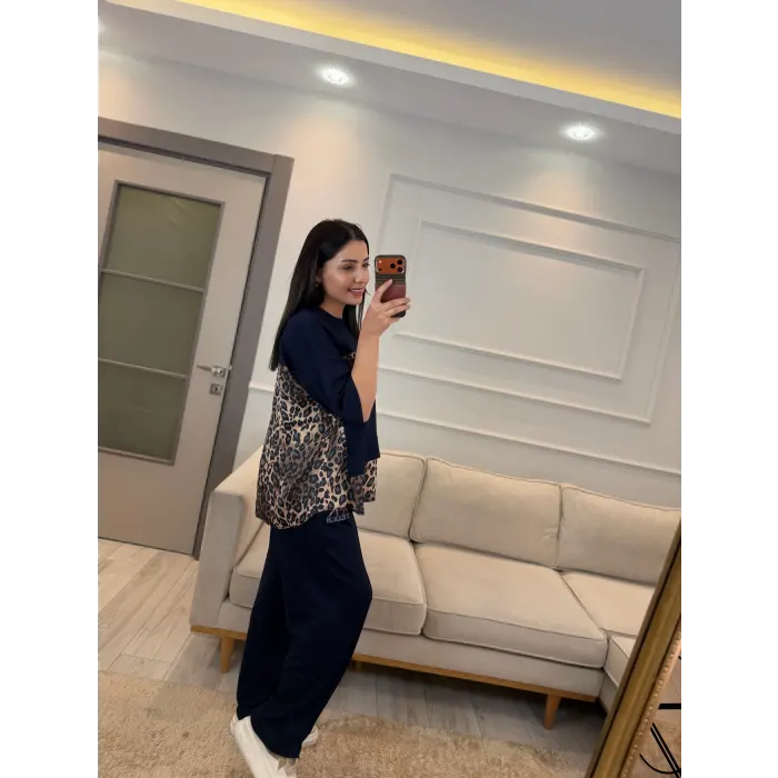 Leopar Fular Detaylı İkili Takım