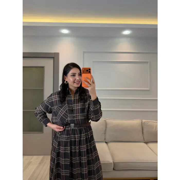 Ekoseli Organik Kumaş Astarlı Gömlek Etek Takım