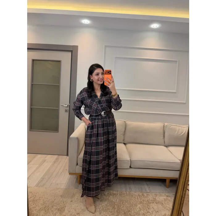 Ekoseli Organik Kumaş Astarlı Gömlek Etek Takım