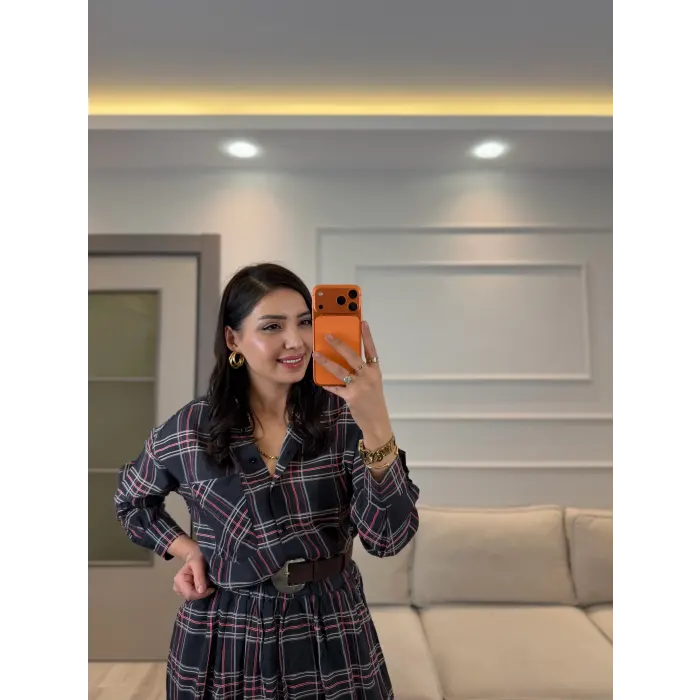 Ekoseli Organik Kumaş Astarlı Gömlek Etek Takım