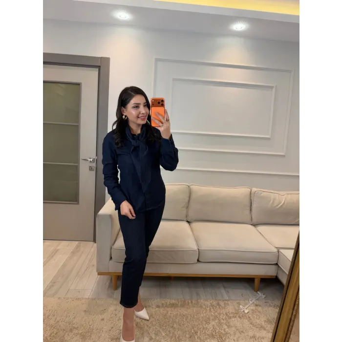 Paira Fularlı Denim Gömlek