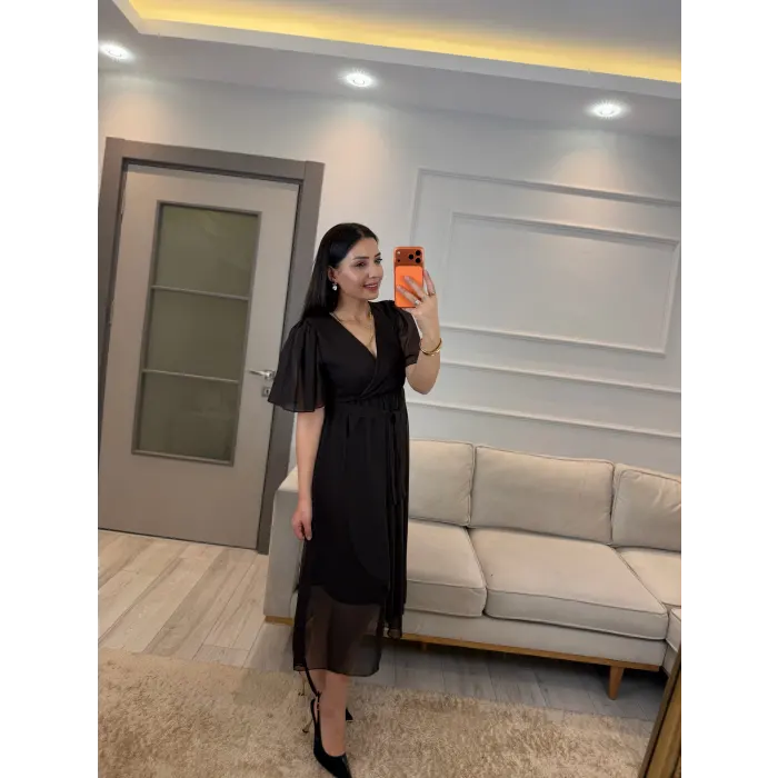 Kısa Kollu Kol Volanlı Şifon Elbise