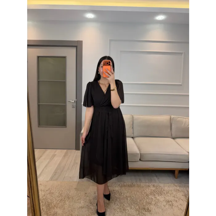 Kısa Kollu Kol Volanlı Şifon Elbise