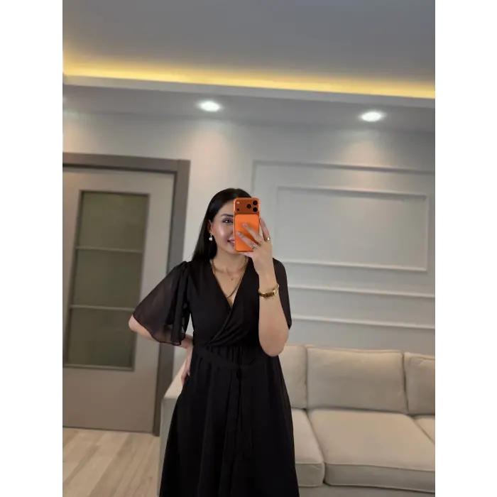 Kısa Kollu Kol Volanlı Şifon Elbise