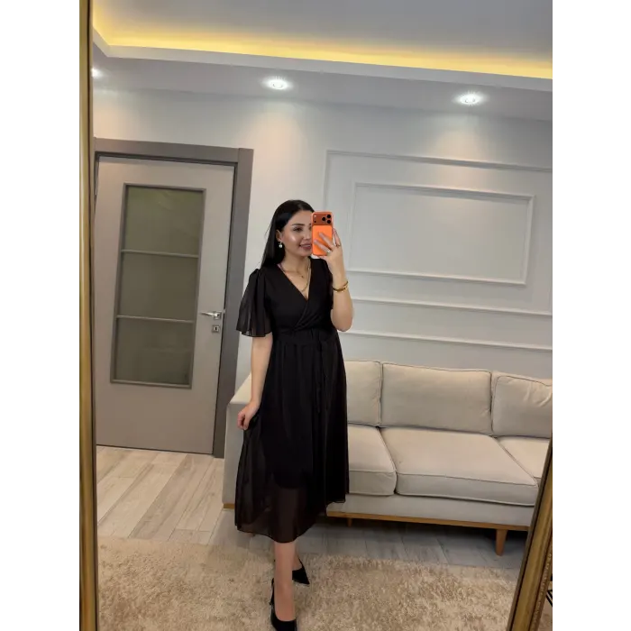 Kısa Kollu Kol Volanlı Şifon Elbise