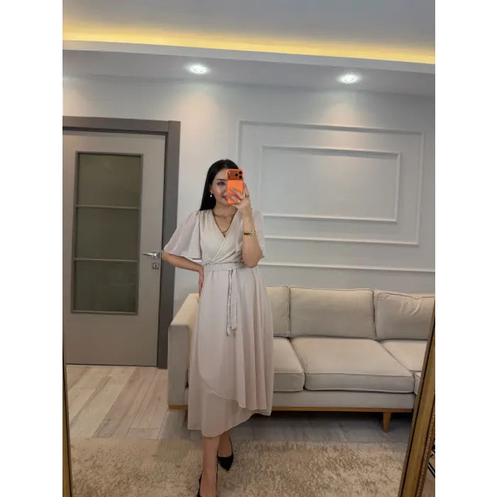 Kısa Kollu Kol Volanlı Şifon Elbise