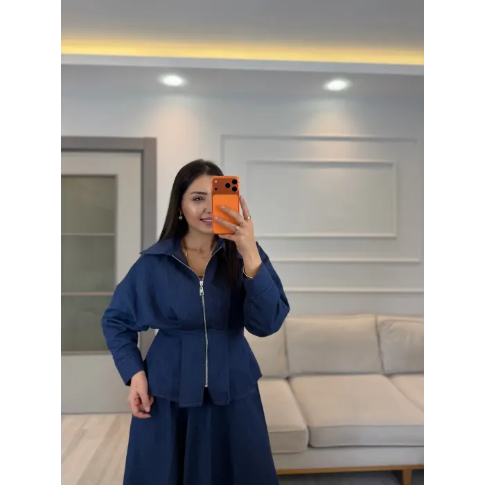 Pens Detaylı Ceket Etek Denim Takım
