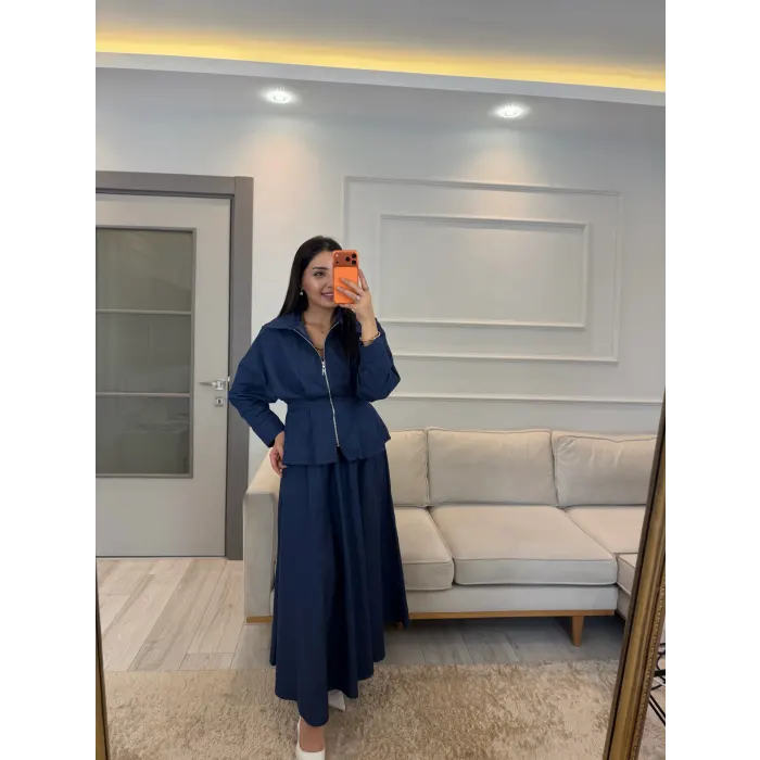 Pens Detaylı Ceket Etek Denim Takım