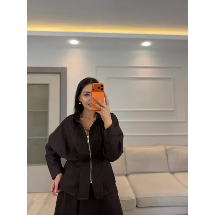 Pens Detaylı Ceket Etek Denim Takım