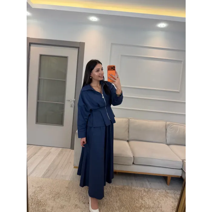 Pens Detaylı Ceket Etek Denim Takım