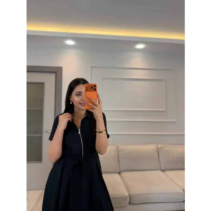 Fermuar Detaylı Bağlamalı Elbise