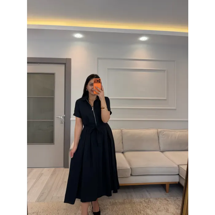 Fermuar Detaylı Bağlamalı Elbise