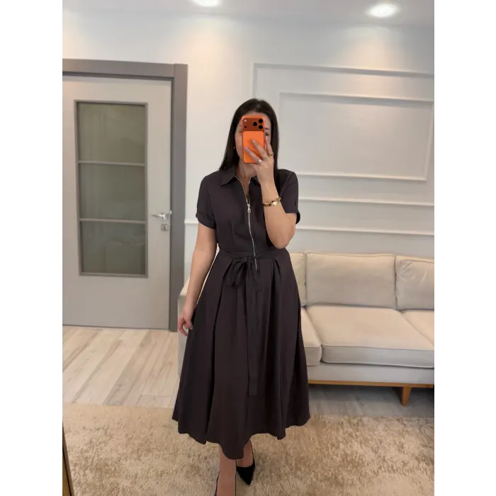 Fermuar Detaylı Bağlamalı Elbise