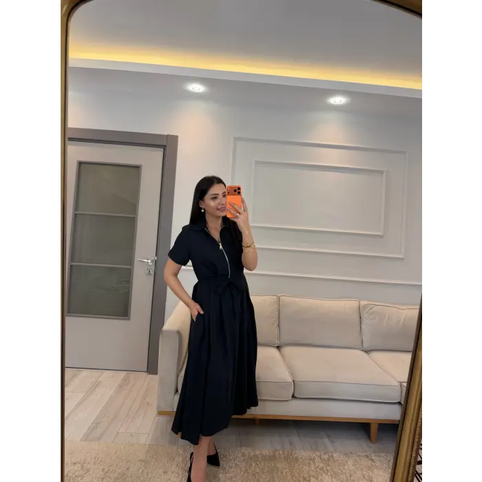 Fermuar Detaylı Bağlamalı Elbise