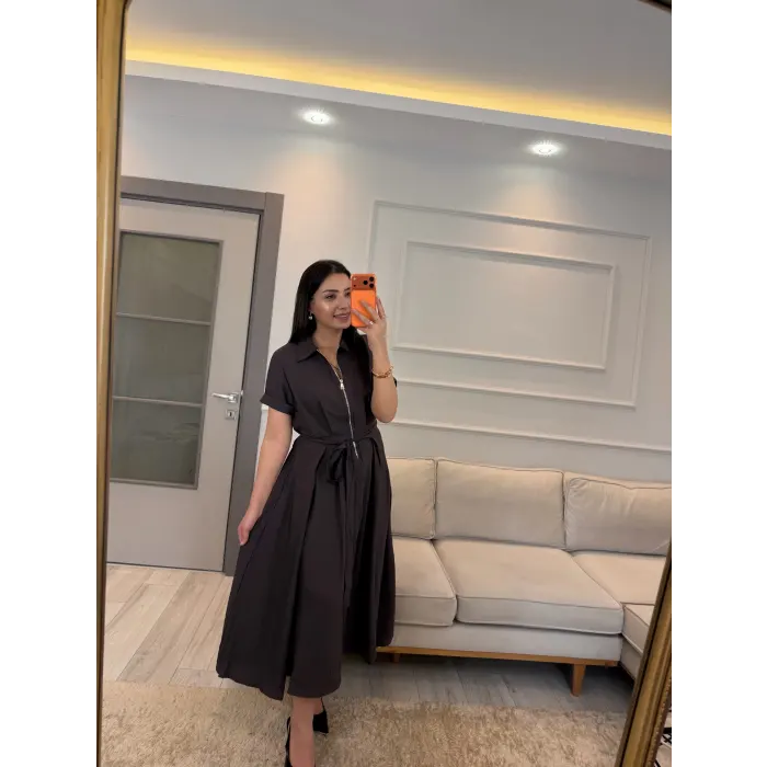 Fermuar Detaylı Bağlamalı Elbise