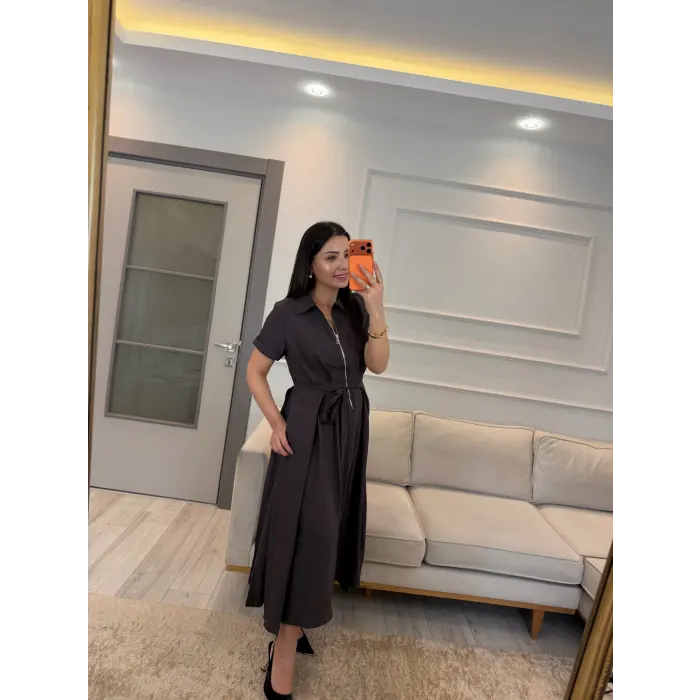 Fermuar Detaylı Bağlamalı Elbise