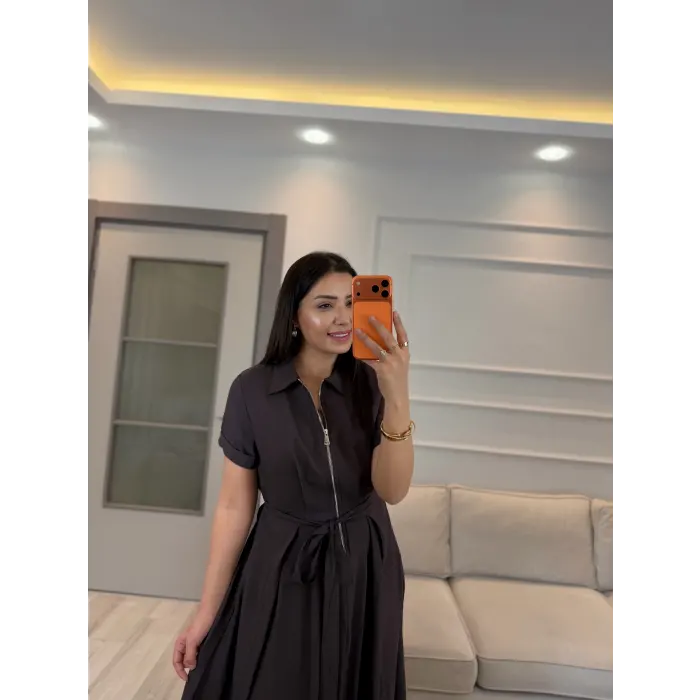 Fermuar Detaylı Bağlamalı Elbise