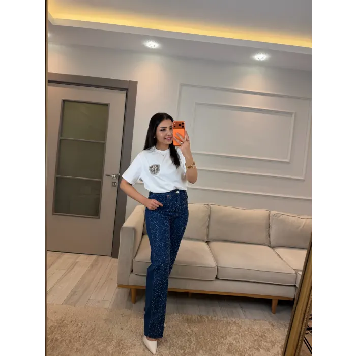 Serpme Taşlı Kesik Paça Palazzo Jean