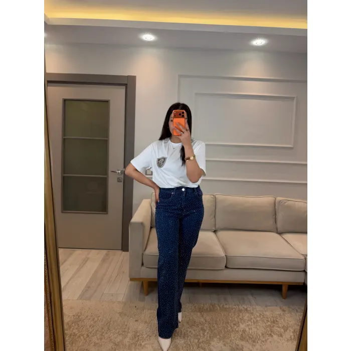 Serpme Taşlı Kesik Paça Palazzo Jean