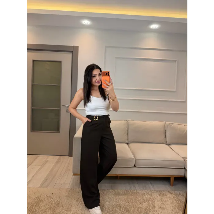 Kuşak Ve Toka Detaylı Palazzo Pantolon